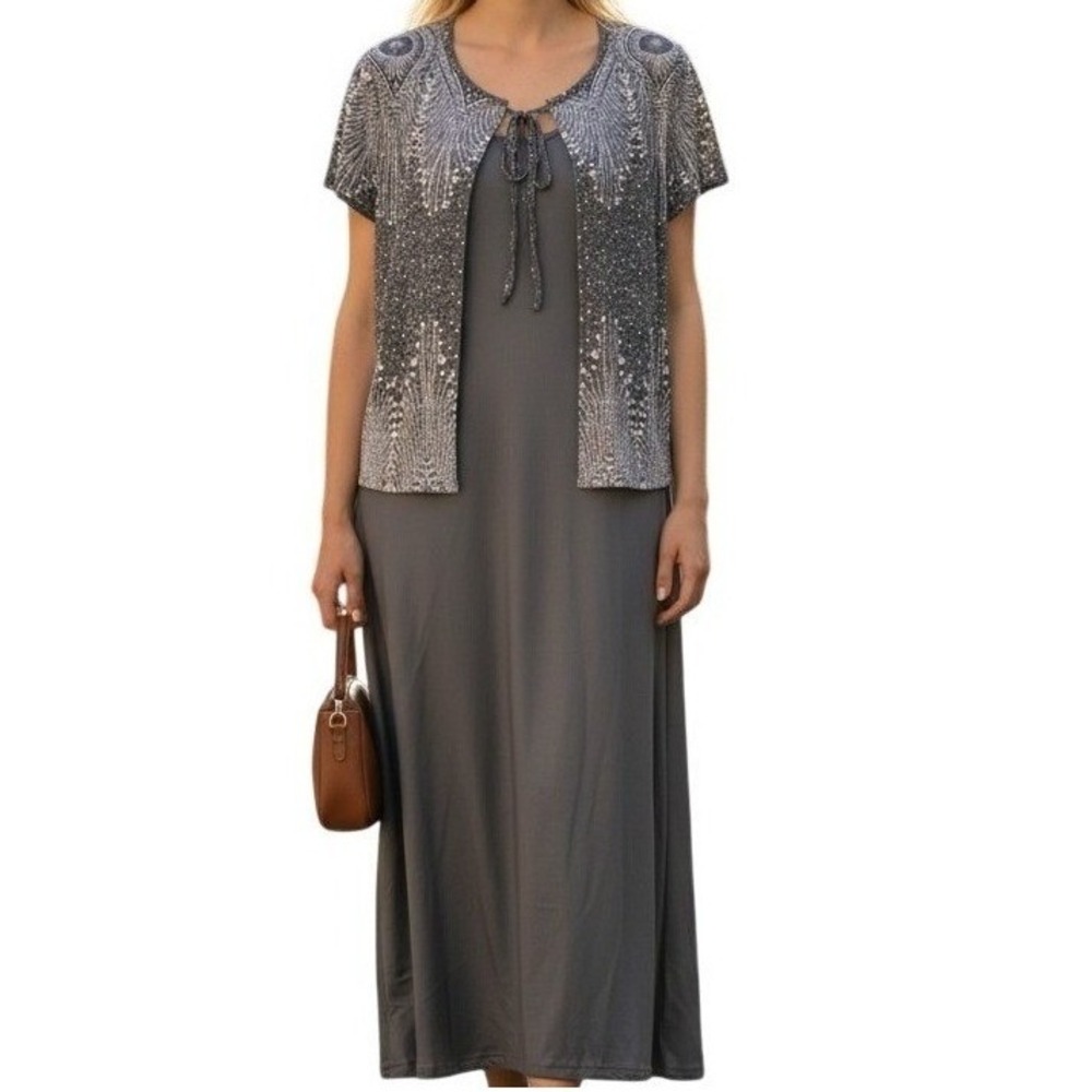 Modest Dress Set Women Medium Gray Boho Geometric Cardigan Church Work Layer